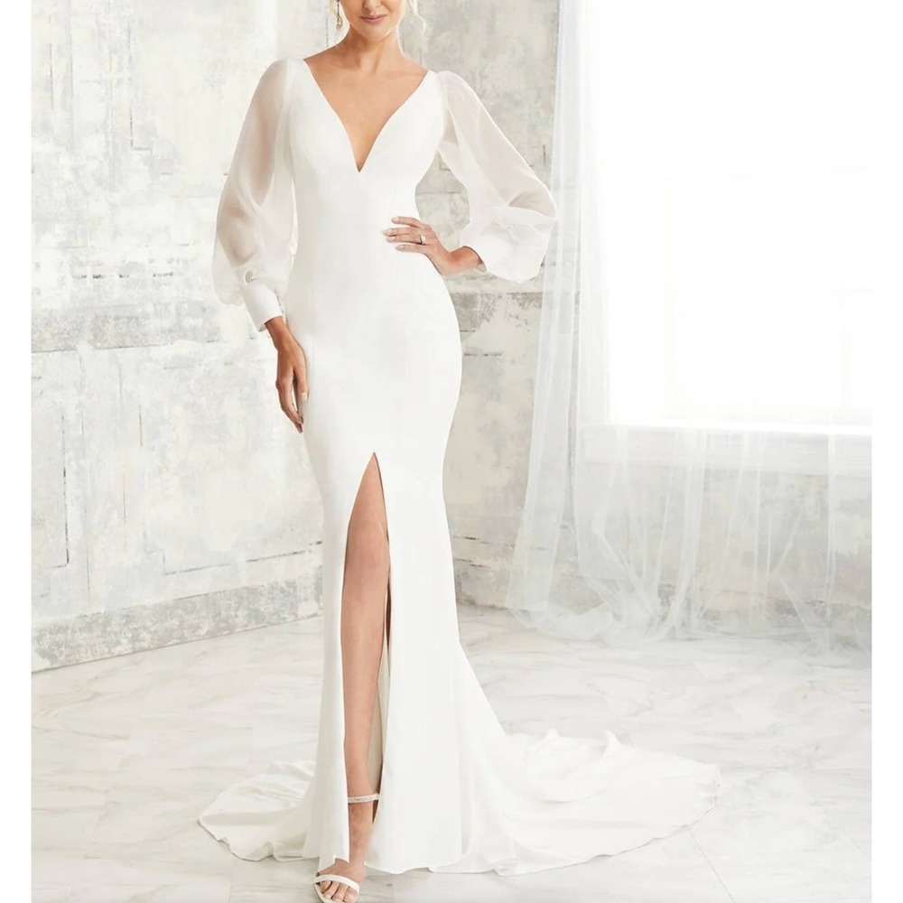 Adrianna Papell Bridal Wedding Gown 12 Ivory Chiffon Sleeve 31143 Minimalist